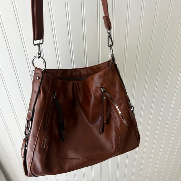 nolix Handbags - Chic Saddle Brown Faux Leather Slouchy Shoulder Bag Adjustable